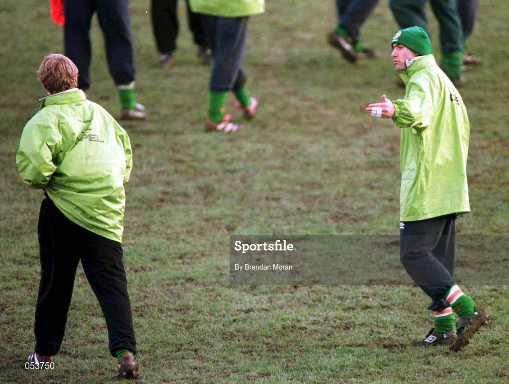 17 November 1998; Alan McLoughlin, left, in conversation with Damien Duff during a Republic of Ireland Training Session at Radnitchi Stadium in Belgrade, Yugoslavia. Photo By Brendan Moran/Sportsfile