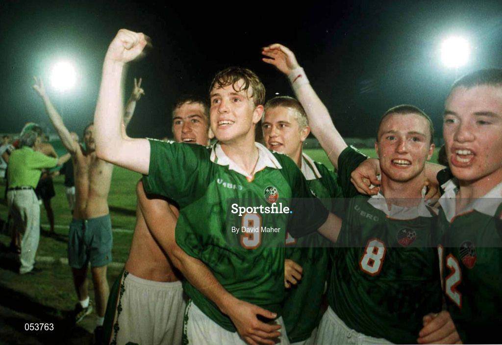 23 July 1998; Republic of Ireland captain Barry Quinn, centre, celebrates with team-mates after his side's victory over Cyprus in the UEFA European Under-18 Championship Group B match between Republic of Ireland and Cyprus at Municipal Stadium in Ayia Napa, Cyprus. Photo by David Maher/Sportsfile