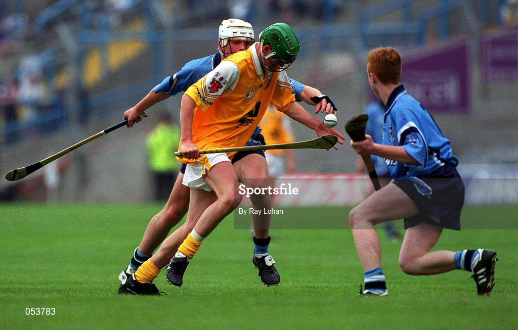 23 July 2000; Ciaran O'Grady of Antrim in action against Derek O'Reilly of Dublin during the All-Ireland Minor Hurling Championship Quarter-Final match between Dublin and Antrim at Croke Park in Dublin. Photo by Ray Lohan/Sportsfile