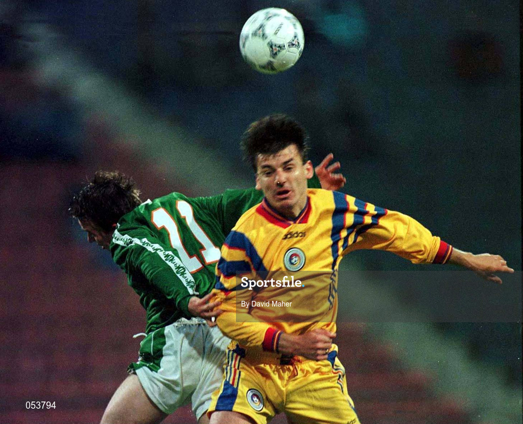 30 April 1997; David Connolly of Republic of Ireland in action against Daniel Prodan of Romania during the the FIFA World Cup 1998 Group 8 Qualifiying match between Romania and Republic of Ireland at Stadionul Steaua in Bucharest, Romania. Photo by David Maher/Sportsfile