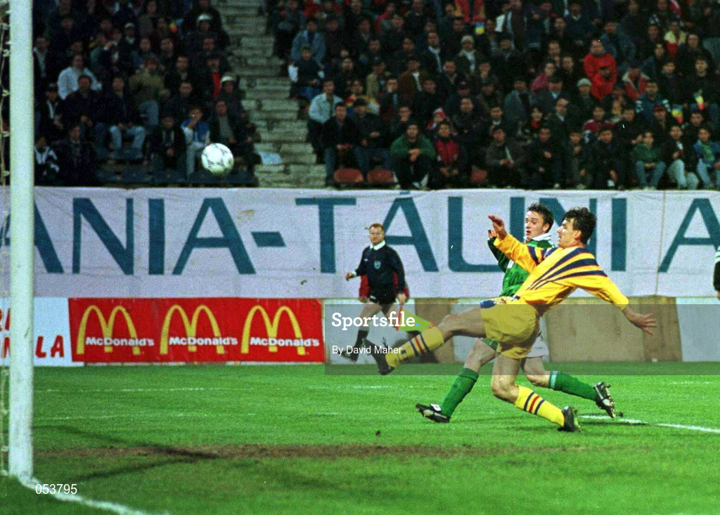 30 April 1997; Daniel Prodan of Romania defends a shot by David Connolly of Republic of Ireland during the FIFA World Cup 1998 Group 8 Qualifiying match between Romania and Republic of Ireland at Stadionul Steaua in Bucharest, Romania. Photo by David Maher/Sportsfile