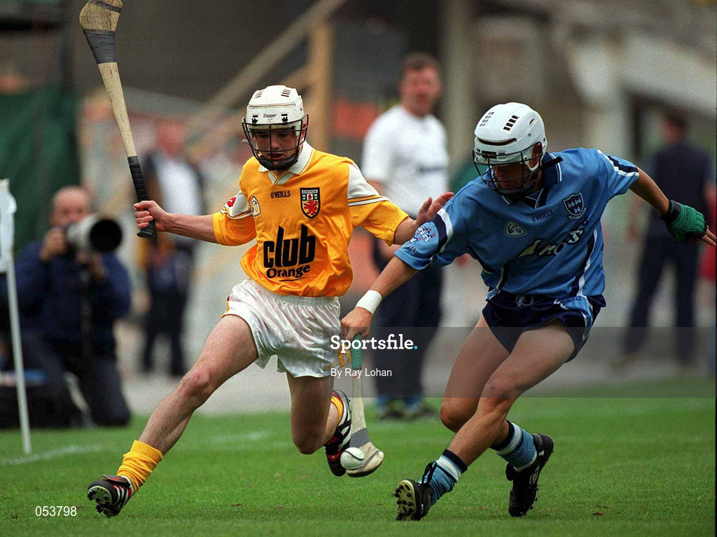 23 July 2000; Darren Quinn of Antrim in action against Niall O'Driscoll of Dublin during the All-Ireland Minor Hurling Championship Quarter-Final match between Dublin and Antrim at Croke Park in Dublin. Photo by Ray Lohan/Sportsfile