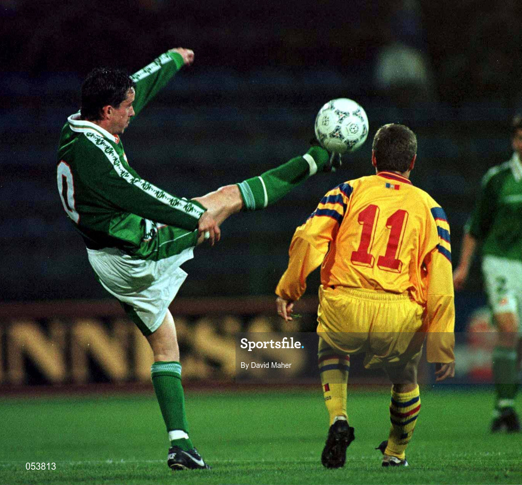 30 April 1997; Gary Kelly of Republic of Ireland in action against Tibor Selymes of Romania during the FIFA World Cup 1998 Group 8 Qualifiying match between Romania and Republic of Ireland at Stadionul Steaua in Bucharest, Romania. Photo by David Maher/Sportsfile