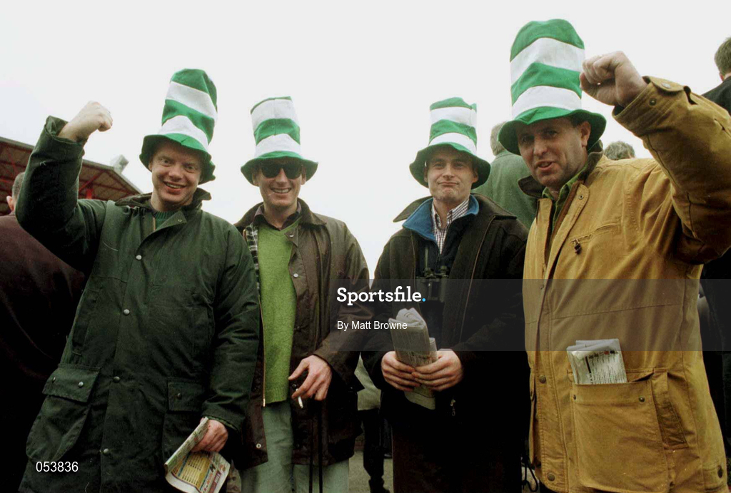 17 March 1998; Irish fans on St Patrick's Day at the Cheltenham Racing Festival at Prestbury Park in Cheltenham, England. Photo by Matt Browne/Sportsfile