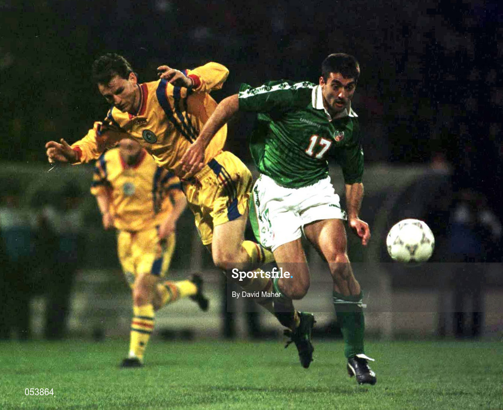 30 April 1997; Jon Goodman of Republic of Ireland in action against Anton Dobos of Romania during the FIFA World Cup 1998 Group 8 Qualifiying match between Romania and Republic of Ireland at Stadionul Steaua in Bucharest, Romania. Photo by David Maher/Sportsfile