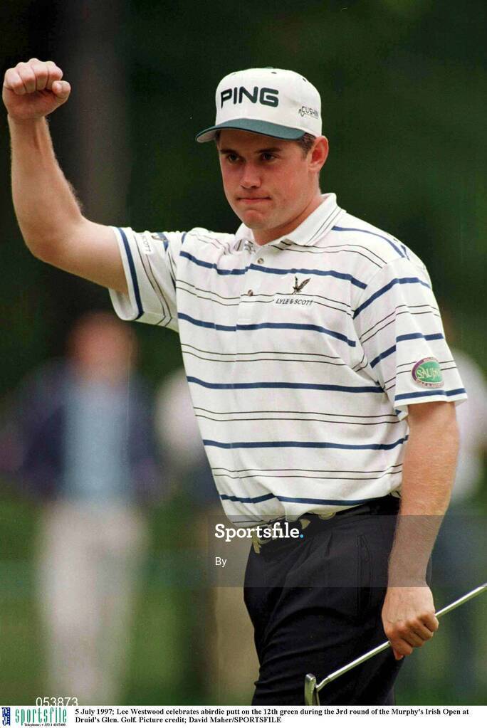 5 July 1997; Lee Westwood celebrates abirdie putt on the 12th green during the 3rd round of the Murphy's Irish Open at Druid's Glen. Golf. Picture credit; David Maher/SPORTSFILE