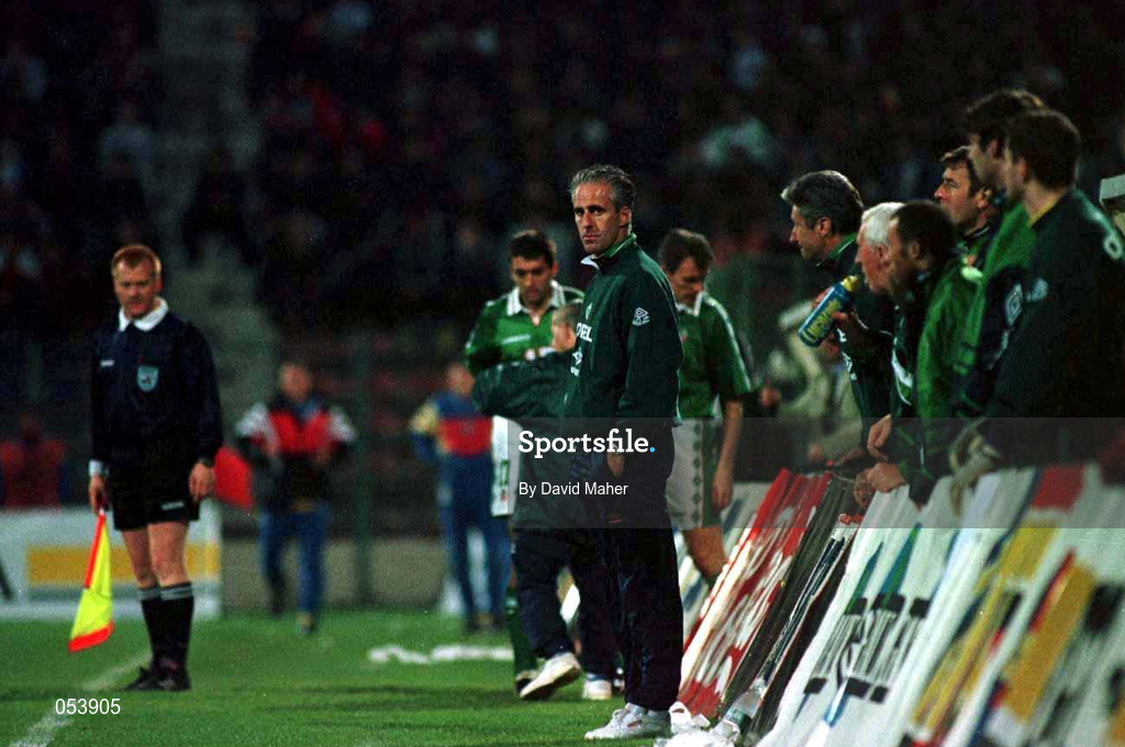 30 April 1997; Republic of Ireland manager Mick McCarthy watches the final moments of the game during the FIFA World Cup 1998 Group 8 Qualifiying match between Romania and Republic of Ireland at Stadionul Steaua in Bucharest, Romania. Photo by David Maher/Sportsfile
