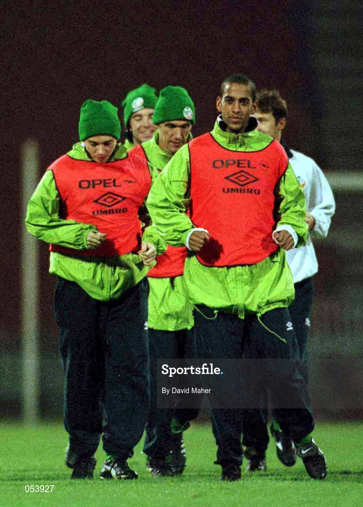 16 November 1998; David Connolly, left, and Phil Babb during Republic of Ireland squad training at the Red Star Belgrade Stadium in Belgrade, Yugoslavia. Photo by David Maher/Sportsfile
