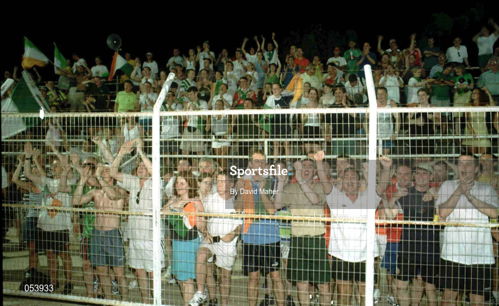 23 July 1998; Republic of Ireland fans celebrate after their side's vicotry over Cyprus in the UEFA European Under-18 Championship Group B match between Republic of Ireland and Cyprus at Municipal Stadium in Ayia Napa, Cyprus. Photo by David Maher/Sportsfile