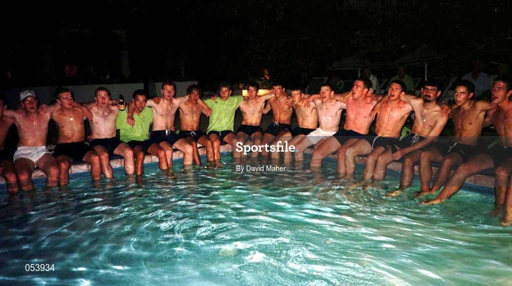23 July 1998; Republic of Ireland players sit on the poolside in their hotel following their victory over Cyprus in the UEFA European Under-18 Championship Group B match between Republic of Ireland and Cyprus at Municipal Stadium in Ayia Napa, Cyprus. Photo by David Maher/Sportsfile