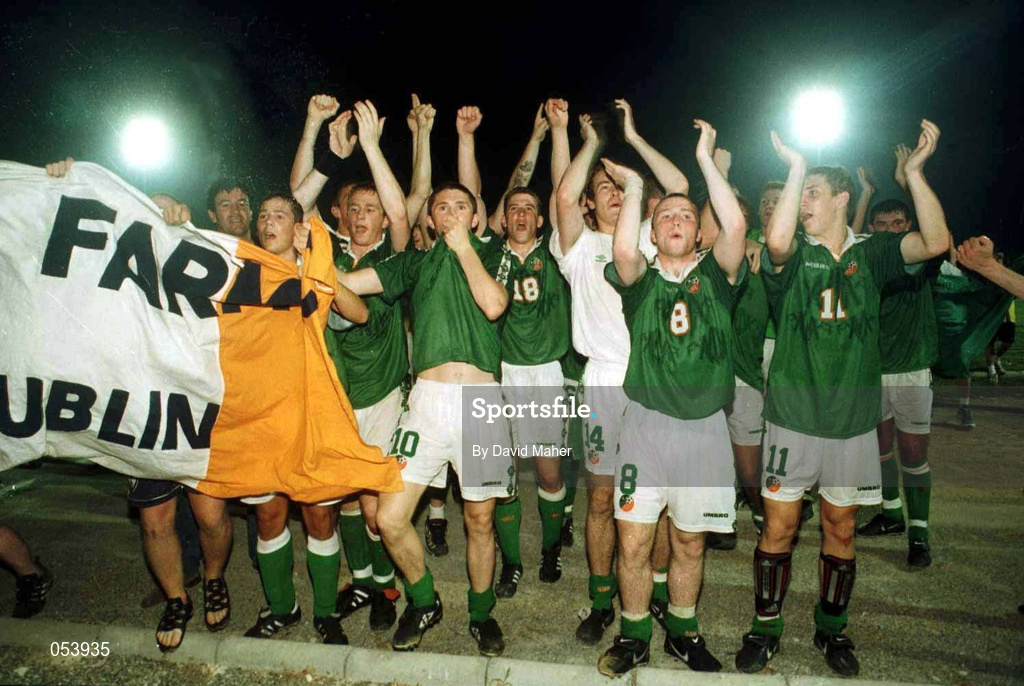 23 July 1998; Republic of Ireland players celebrate their victory over Cyprus the UEFA European Under-18 Championship Group B match between Republic of Ireland and Cyprus at Municipal Stadium in Ayia Napa, Cyprus. Photo by David Maher/Sportsfile