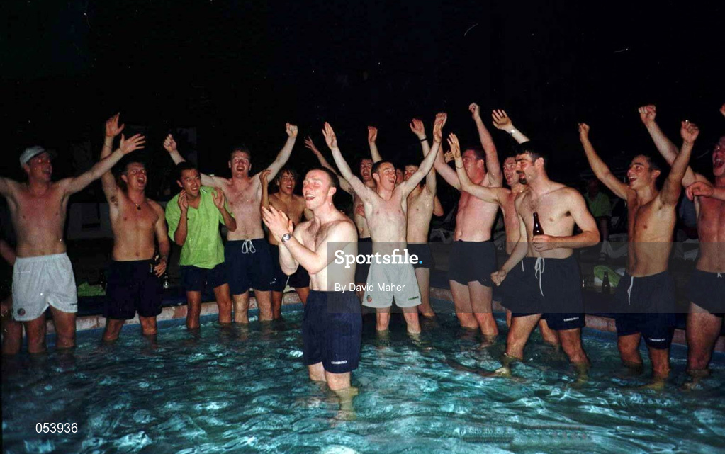 23 July 1998;  Republic of Ireland players celebrate their victory over Cyprus at the team hotl following the UEFA European Under-18 Championship Group B match between Republic of Ireland and Cyprus at Municipal Stadium in Ayia Napa, Cyprus. Photo by David Maher/Sportsfile