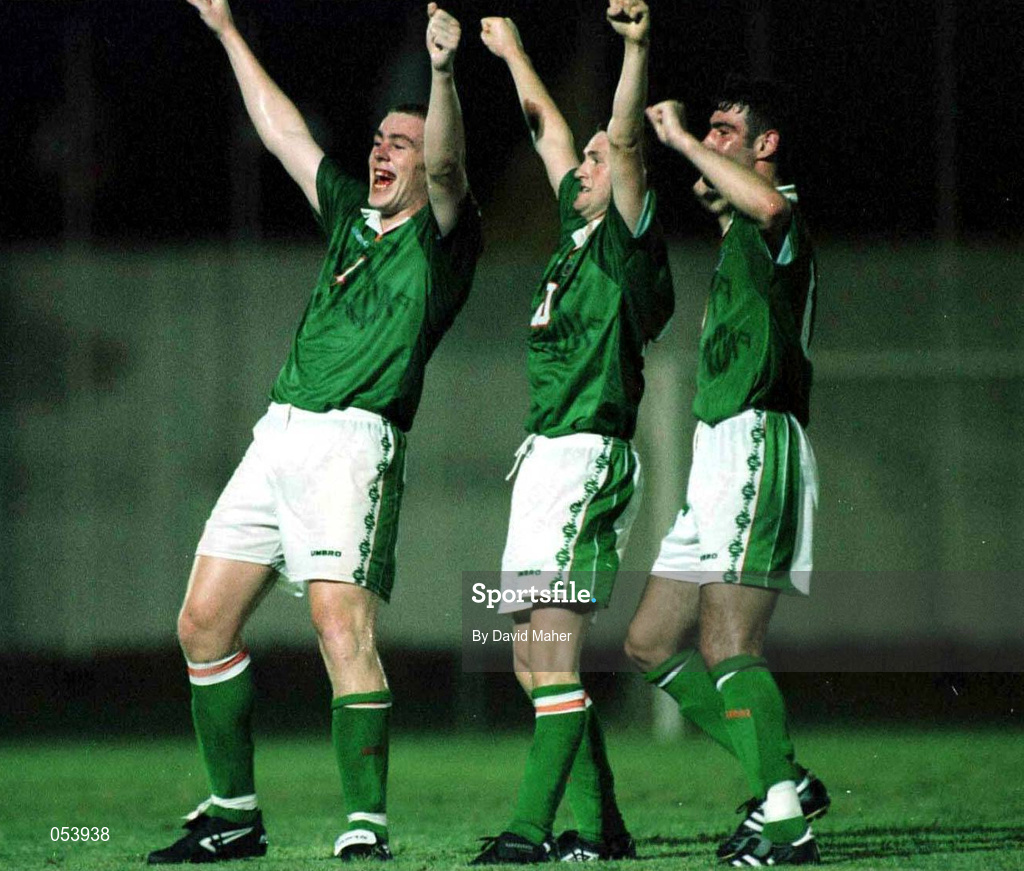 23 July 1998; Robbie Keane of Republic of Ireland, centre, celebrates after scoring his second goal with team-mates Richard Dunne, left, and Jason Gavin, right, during the UEFA European Under-18 Championship Group B match between Republic of Ireland and Cyprus at Municipal Stadium in Ayia Napa, Cyprus. Photo by David Maher/Sportsfile