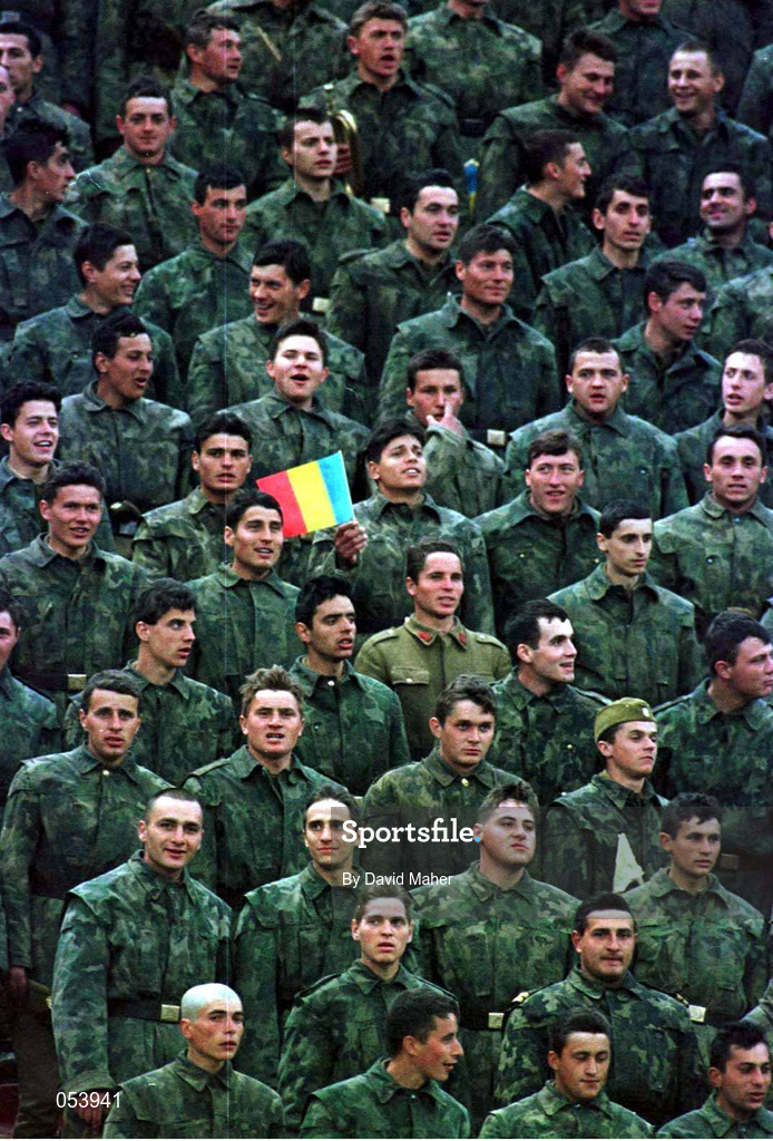 30 April 1997; The Romanian Army stand to attention for the Romanian national anthem prior to the start of the FIFA World Cup 1998 Group 8 Qualifiying match between Romania and Republic of Ireland at Stadionul Steaua in Bucharest, Romania. Photo by David Maher/Sportsfile
