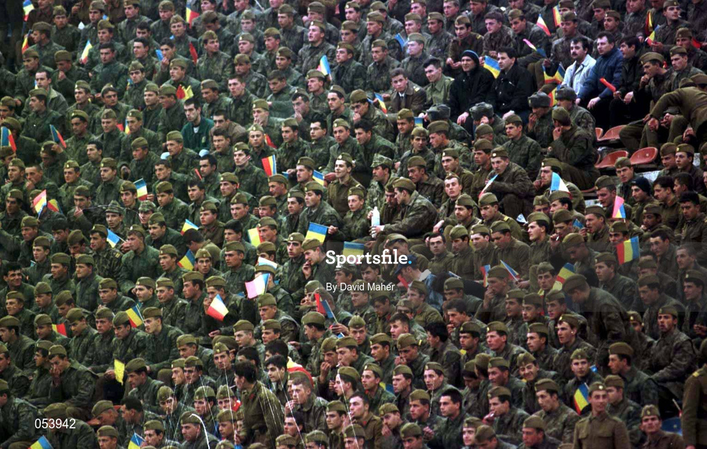 30 April 1997; The Romanian Army stand to attention for the Romanian national anthem prior to the start of the FIFA World Cup 1998 Group 8 Qualifiying match between Romania and Republic of Ireland at Stadionul Steaua in Bucharest, Romania. Photo by David Maher/Sportsfile