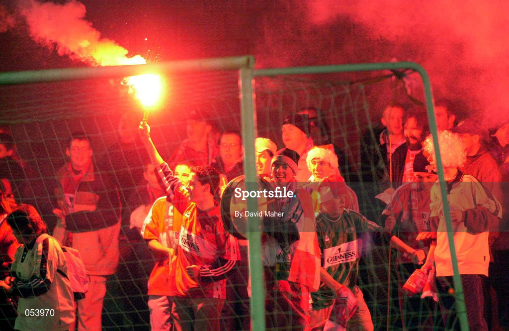 6 January 2000; Cork City supporters light flares during the Harp Lager FAI Cup Second Round match between Longford Town and Cork City at Flancare Park in Longford. Photo by David Maher/Sportsfile