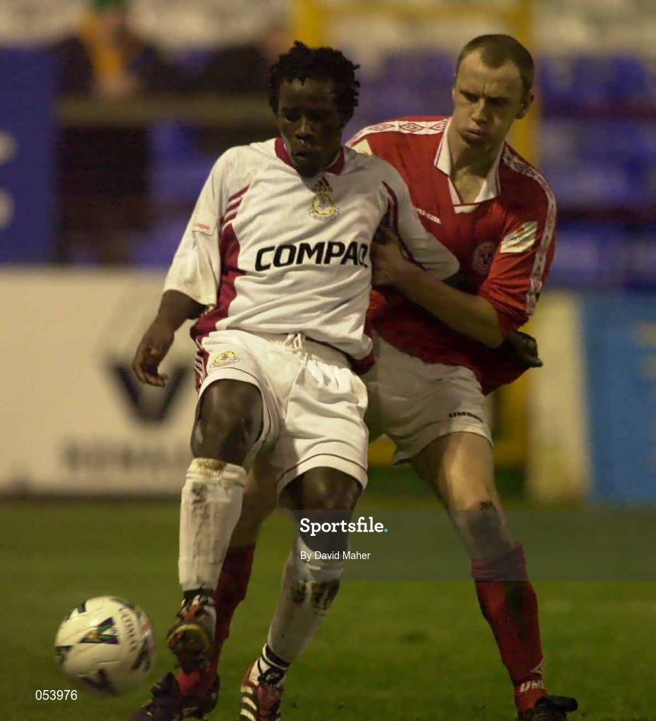 28 January 2000; Eric Lavine of Galway United in action against Tony McCarthy of Shelbourne  during the Eircom League Premier Division match between Shelbourne and Galway United at Tolka Park in Dublin. Photo by David Maher/Sportsfile