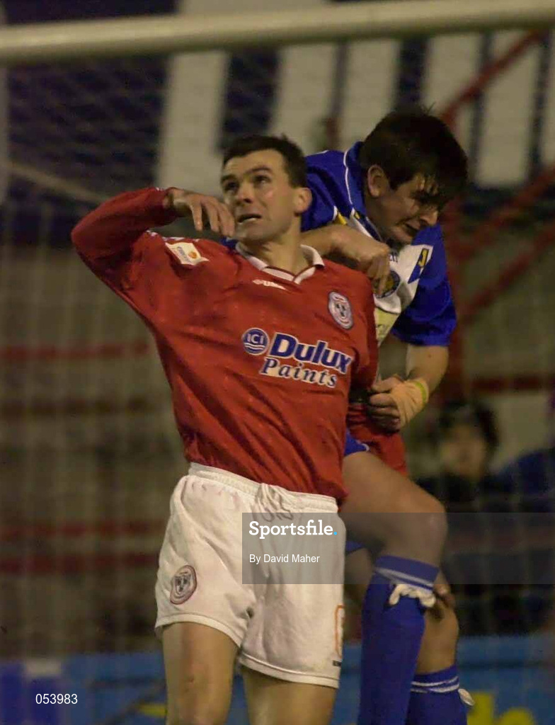 7 January 2001; Pat Scully of Shelbourne in action against his brother Mick Scully of Monaghan United during the FAI Harp Lager Cup Second Round match between Shelbourne and Monaghan United at Tolka Park in Dublin. Photo by David Maher/Sportsfile