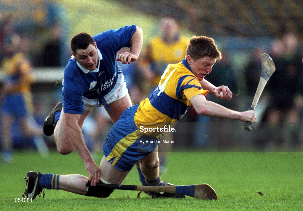 26 November 2000; Niall Gilligan of Sixmilebridge in action against Gary Gater of Mount Sion during the AIB Munster Senior Hurling Club Championship Final match between Sixmilebridge and Mount Sion at Semple Stadium in Thurles, Tipperary. Photo By Brendan Moran/Sportsfile