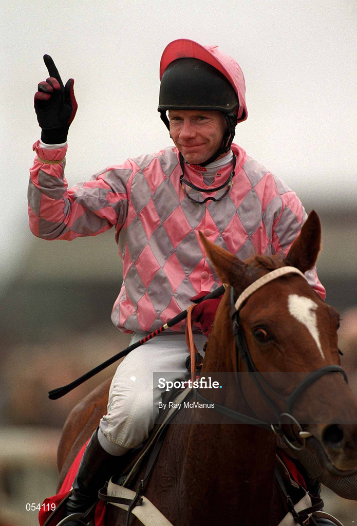 16 March 2000; Jockey Mick Fitzgerald celebrates after winning the Bonusprint Stayers' Hurdle on Bacchanal on Day Three of the Cheltenham Racing Festival at Prestbury Park in Cheltenham, England. Photo by Ray McManus/Sportsfile