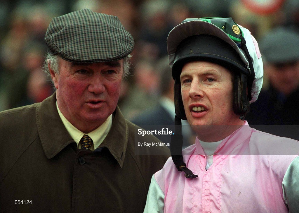 16 January 2000; Trainer Pat Hughes, left, in conversation with jockey Charlie Swan at Fairyhouse Racecourse in Meath. Photo by Ray McManus/Sportsfile