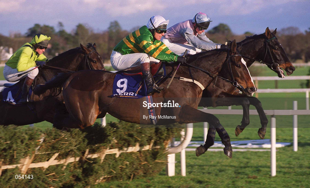 26 December 1999; Yeoman's Point, with Charlie Swan up, 9, jumps the hurdle ahead of Francines Boy, with Paul Moloney up, and Perugino Diamond, with Barry Geraghty up, far left, first time round, during the the Denny Juvenile Hurdle on day one of the Leopardstown Christmas Festival at Leopardstown racecourse in Dublin. Photo by Ray McManus/Sportsfile