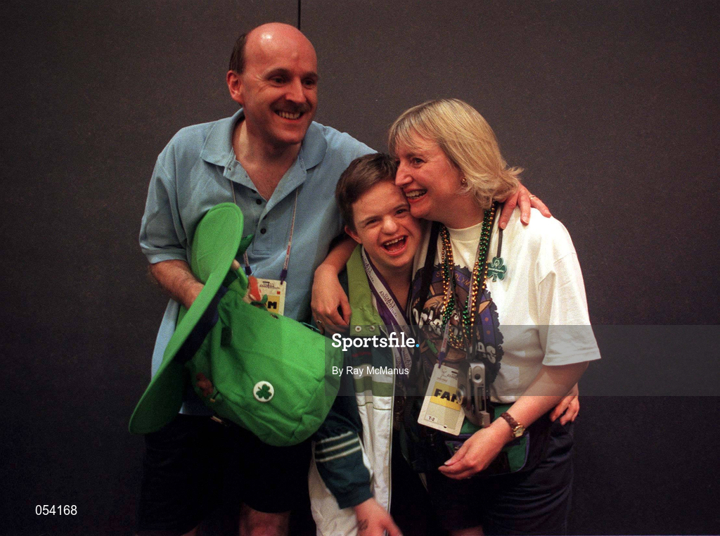 2 July 1999; Gymnaist Adam Morrison from Newtownards, Down, who won six medals, one Gold, two Silver and three Bronze is congratulated by his mother Annabelle and his father Ray after the presentation of prizes at the 1999 Special Olympics World Summer Games in Raleigh, North Carolina, USA. Photo by Ray McManus/Sportsfile