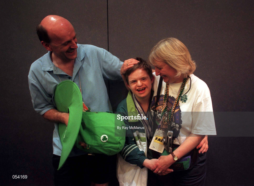 2 July 1999; Gymnaist Adam Morrison from Newtownards, Down, who won six medals, one Gold, two Silver and three Bronze is congratulated by his mother Annabelle and his father Ray after the presentation of prizes at the 1999 Special Olympics World Summer Games in Raleigh, North Carolina, USA. Photo by Ray McManus/Sportsfile