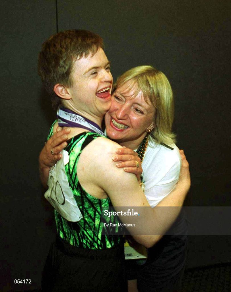 2 July 1999; Gymnaist Adam Morrison from Newtownards, Down who won six medals, one Gold, two Silver and three Bronze is congratulated by his mother Annabelle after the presentation of prizes at the 1999 Special Olympics World Summer Games in Raleigh, North Carolina, USA. Photo by Ray McManus/Sportsfile