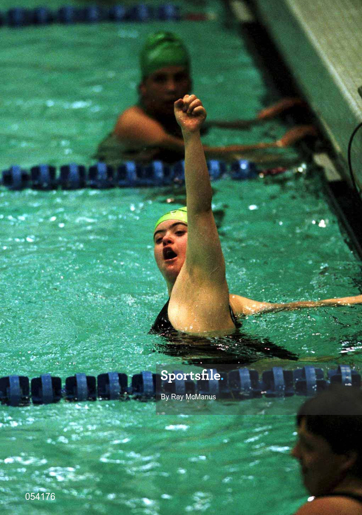 30 June 1999; Brid Lynch from Dublin shows her delight at winning the Gold medal in the 100 meters Freestyle during the 1999 Special Olympics World Summer Games in Raleigh, North Carolina, USA. Photo by Ray McManus/Sportsfile