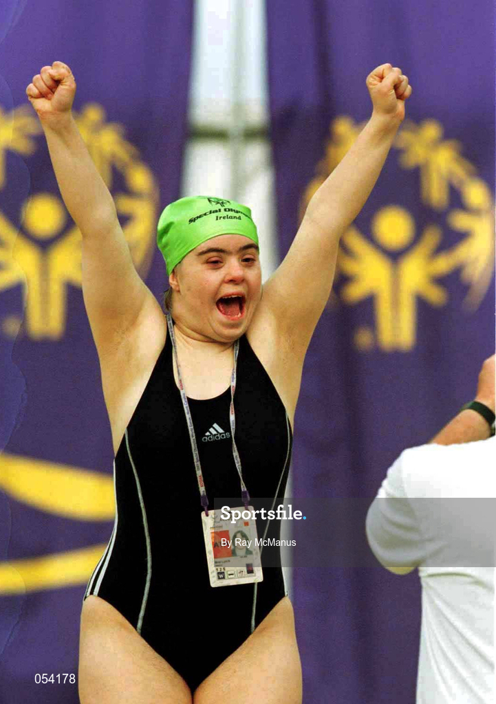 30 June 1999; Brid Lynch from Dublin awaits the presentation of her Gold medal after she won the 100 meters Freestyle during the 1999 Special Olympics World Summer Games in Raleigh, North Carolina, USA. Photo by Ray McManus/Sportsfile