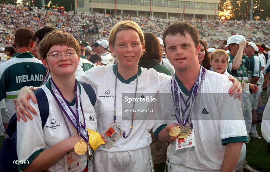 4 July 1999; Catriona Ryan, left, Patricia Lee, Connacht Regional Director, Special Olympics and Martin McGarigle, Ballinera, Donegal at the closing ceremony of the 1999 Special Olympics World Summer Games in Raleigh, North Carolina, USA. Photo by Ray McManus/Sportsfile
