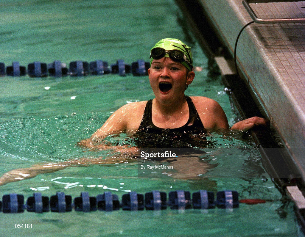 30 June 1999; Caitriona Ryan from Rathlee, Sligo celebrates winning Gold for Ireland in the 25 meters Freestyle during the 1999 Special Olympics World Summer Games in Raleigh, North Carolina, USA. Photo by Ray McManus/Sportsfile