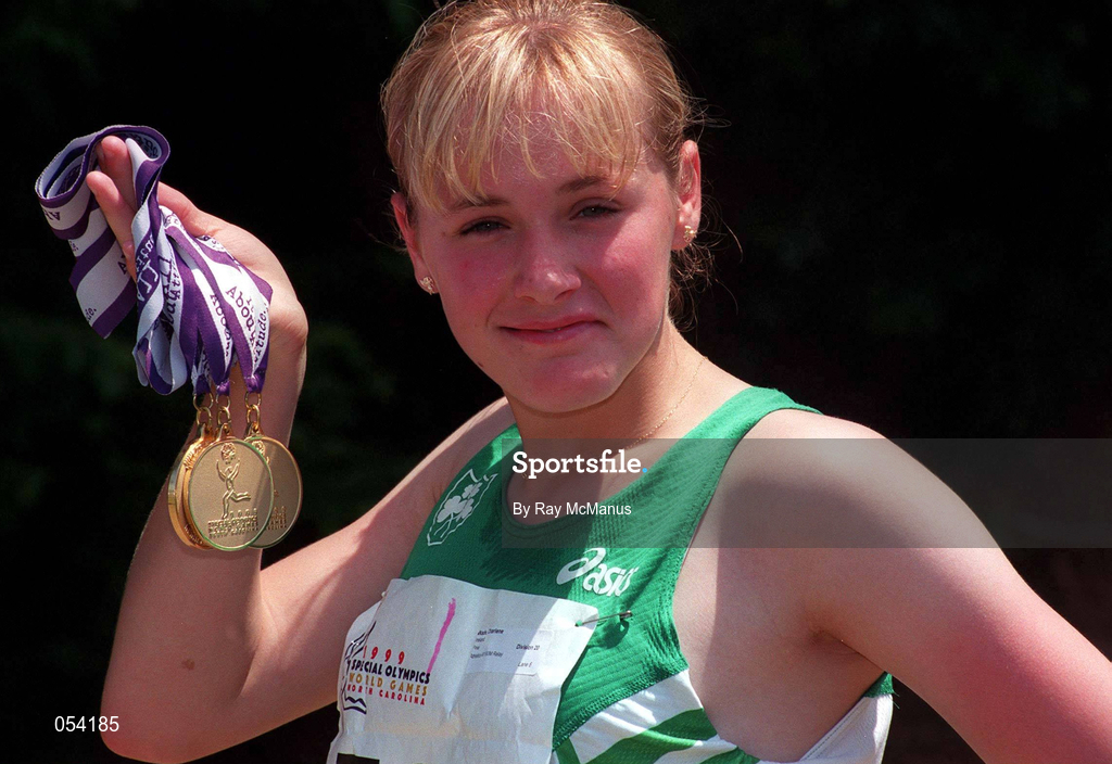 4 July 1999. Special Olympian Charlene Wade from Derry, who won three Gold  medals in Athletics, pictured at the Closing Ceremonies of the 1999 Special Olympics World Summer Games in Raleigh, North Carolina.  Issued by Ray McManus/SPORTSFILE.