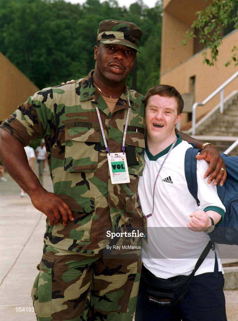 26 June 1999; US army Staff Sargent Tony Anthony, Rockymount, North Carolina with Grant Wilson, a member of the Special Olympics Ireland Swimming team before the start of the opening ceromony of the 1999 Special Olympics World Summer Games in Raleigh, North Carolina, USA. Photo by Ray McManus/Sportsfile