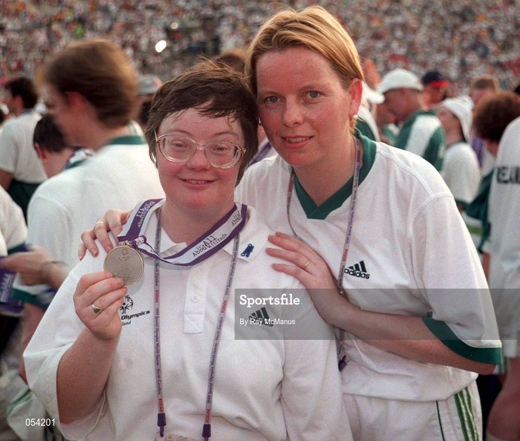 4 July 1999; Special Olympian Margaret Conneran from Galway who won a Silver medal in Bowling with Basketball coach Patricia Lee at the Closing Ceremony of the1999 Special Olympics World Summer Games in Raleigh, North Carolina, USA. Photo by Ray McManus/Sportsfile