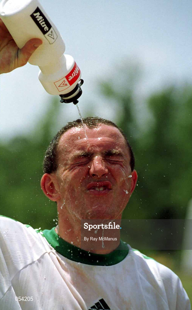 4 July 1999; Irish Special Olympics Soccer team captain Michael Daly from Bruff, County Limerick, cools down during the half time break in the Ireland V Mexico game to decide the winners of the Bronze Medal. 1999 Special Olympics World Summer Games in Raleigh, North Carolina, USA. Photo by Ray McManus/Sportsfile