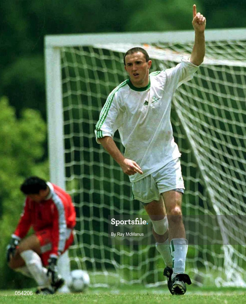 4 July 1999; Irish Special Olympics Soccer team captain Michael Daly from Bruff, County Limerick, celebrates his penalty goal during the bronze medal match between Ireland and Mexico. The game ended one all and Mexico won 5-4 on penalties after extra time during the 1999 Special Olympics World Summer Games in Raleigh, North Carolina, USA. Photo by Ray McManus/Sportsfile
