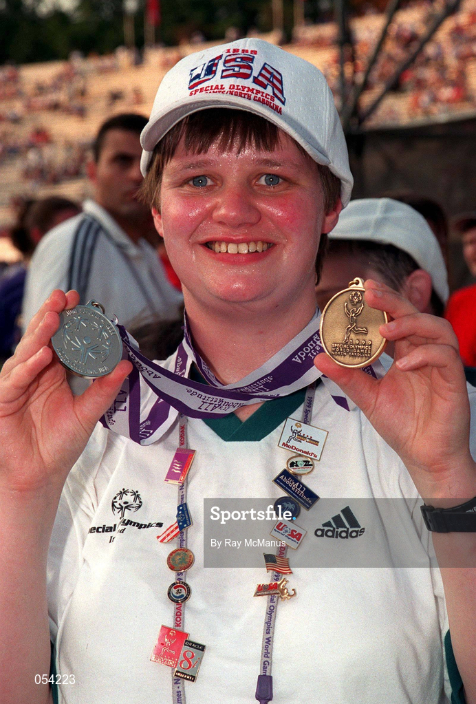 4 July 1999; Valerie Canning from Fermoy, Cork, shows her Bronze and Silver medals at the Closing Ceremony of the 1999 Special Olympics World Summer Games in Raleigh, North Carolina, USA. Photo by Ray McManus/Sportsfile