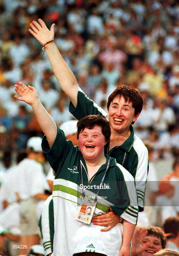 26 June 1999; Shauna Bradley, from Baltinglass, Wicklow, a member of the Irish Special Olympics Bowling team pictured with coach Maureen Brannock as they wave to supporters during the Opening Ceremony of the 1999 Special Olympics World Summer Games in Raleigh, North Carolina, USA. Photo by Ray McManus/Sportsfile