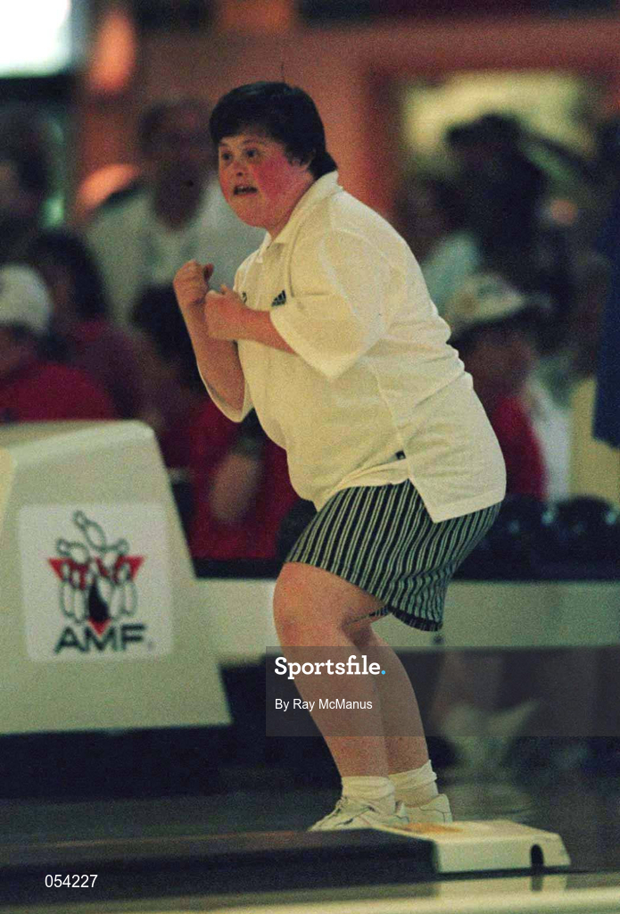 29 June 1999;  Shauna Bradley of Special Olympics Ireland, from Baltinglass, Wicklow, reacts to a "strike"during the 1999 Special Olympics World Summer Games in Raleigh, North Carolina, USA. Photo by Ray McManus/Sportsfile