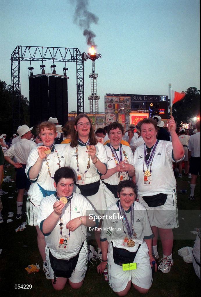 4 July 1999; Special Olympians Elaine Fahy from Athboy, Co Meath, who won Gold, Fiona Brady from Dunsany, Co Meath, who won Gold, Josie Coloe, Enfield, Co Meath, who won Silver, Nuala Burns, from Navan, Co Meath, who won Gold, Phil O'Hare from Navan, Co Meath, who won Gold, all in Basketball and Kathleen Lennon from Navan, Co Meath who won two Gold in Athletics at the Closing Ceremony of 1999 Special Olympics World Summer Games in Raleigh, North Carolina, USA. Photo by Ray McManus/Sportsfile