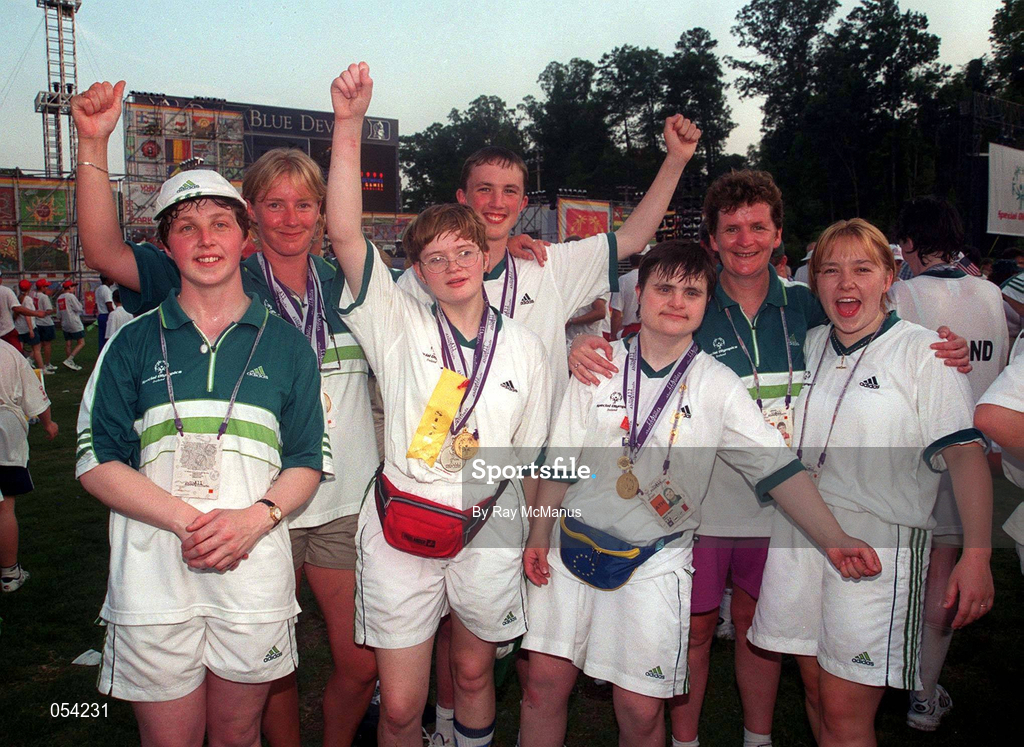 4 July 1999; Fiona Hughes, Castlebar, Co Mayo, the 'unified' Bowler, Collette McTeague, Castlebar, Co Mayo, Catriona Ryan, Enniscrone, Co Sligo who took Gold and Silver in swimming, Patrick Howard, Ballina, Co Mayo, who  took Gold  in the Shot Putt, Agnes Melvin, Ballina, Co Mayo, who took Gold in Basketball, Agnes McGee, Castlebar, who took Bronze in Bowling and Basketball Coach Patricia Naylor pictured at the Closing Ceremony. 1999 Special Olympics World Summer Games in Raleigh, North Carolina, USA. Photo by Ray McManus/Sportsfile