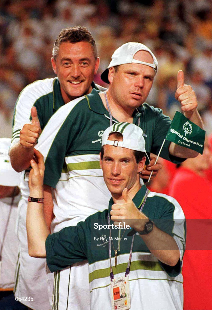 26 June 1999; Soccer coach, John Hennessy with team members Tommy Heffernan, centre and David O'Sullivan, from Limerick, pictured during the Opening Ceremony of the 1999 Special Olympics World Summer Games in Raleigh, North Carolina, USA. Photo by Ray McManus/Sportsfile
