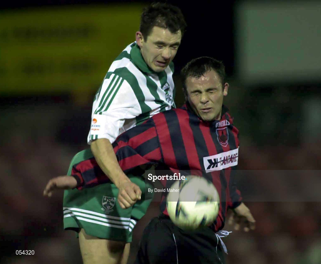 12 January 2001; Niall Byrne of Longford Town in action against Matt Britton of Bray Wanderers during the Eircom League Premier Division match between Bray Wanderers and Longford Town at the Carlisle Grounds in Bray, Wicklow. Photo by David Maher/Sportsfile