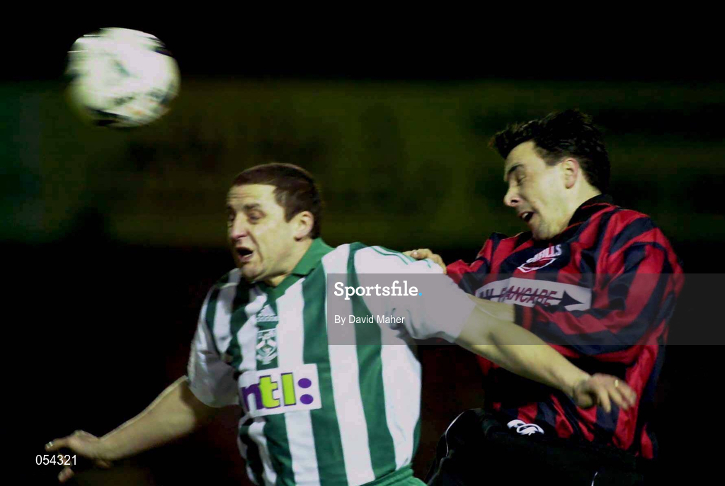 12 January 2001; Eddie Gormley of Bray Wanderers in action against Stephen Kelly of Longford Town during the Eircom League Premier Division match between Bray Wanderers and Longford Town at the Carlisle Grounds in Bray, Wicklow. Photo by David Maher/Sportsfile