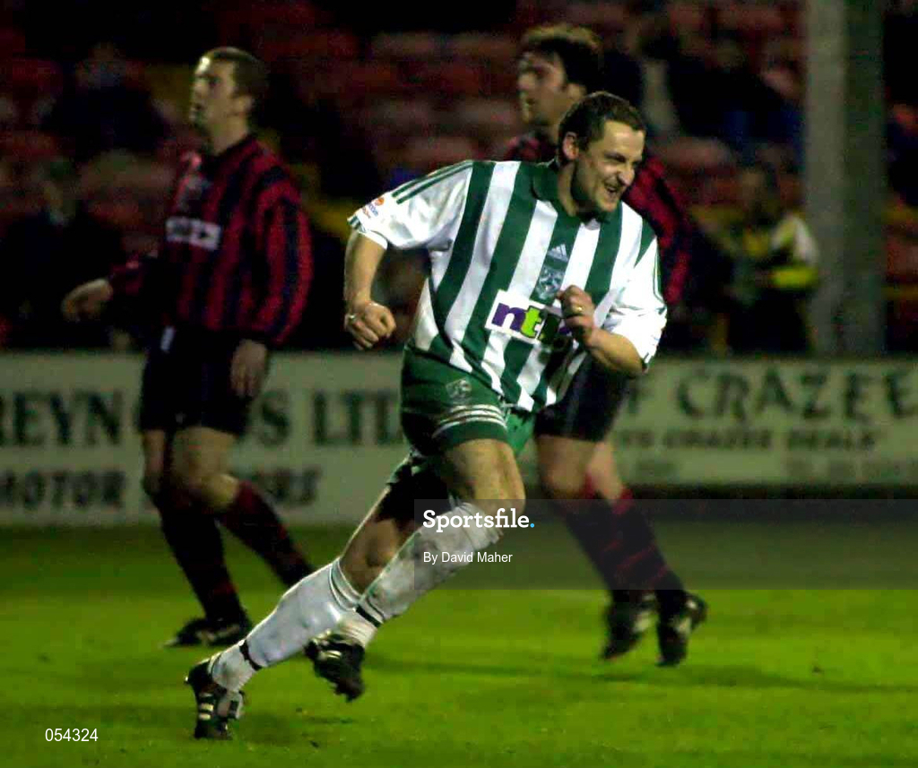 12 January 2001; Eddie Gormley of Bray Wanderers celebrates after scoring his side's first goal to equalise during the Eircom League Premier Division match between Bray Wanderers and Longford Town at the Carlisle Grounds in Bray, Wicklow. Photo by David Maher/Sportsfile