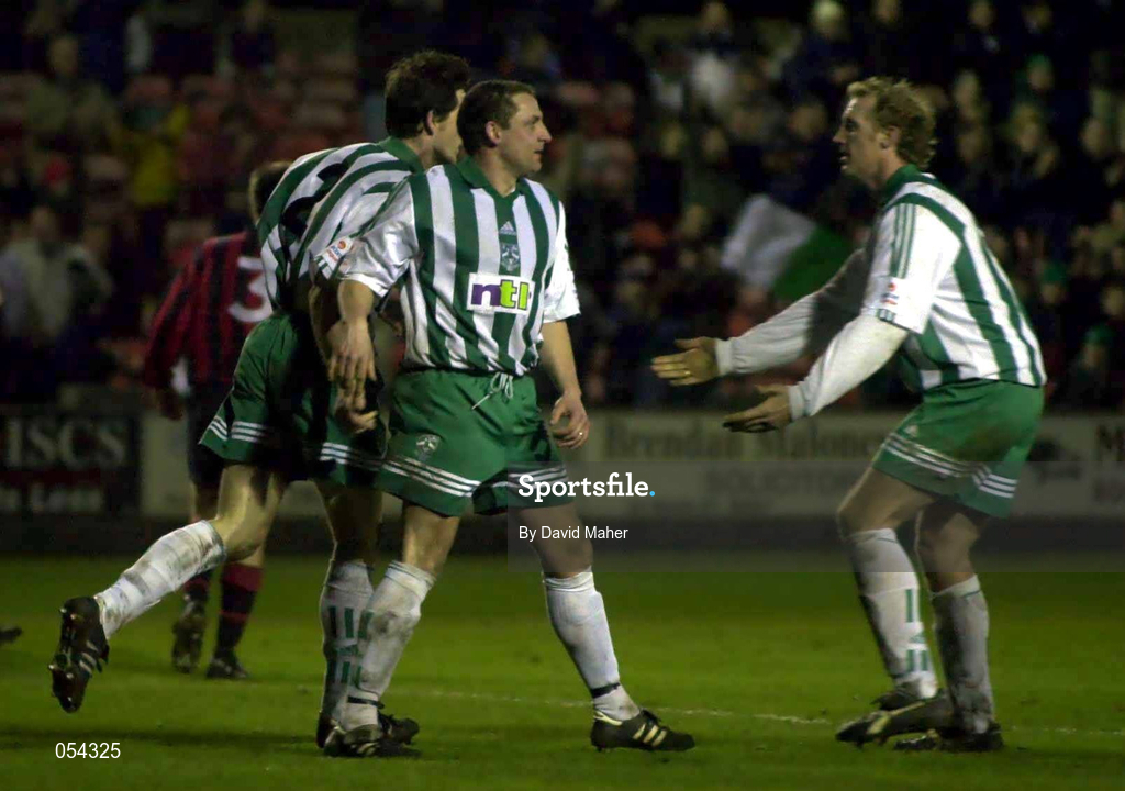 12 January 2001; Eddie Gormley of Bray Wanderers, centre, celebrates after scoring his side's first goal to equalise during the Eircom League Premier Division match between Bray Wanderers and Longford Town at the Carlisle Grounds in Bray, Wicklow. Photo by David Maher/Sportsfile