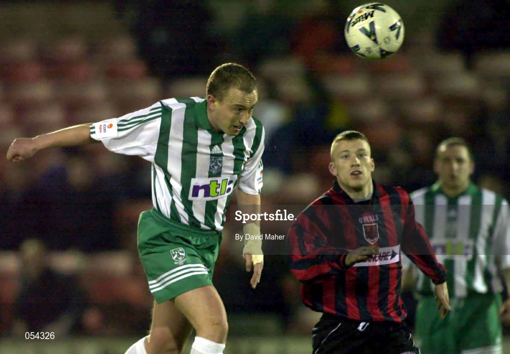 12 January 2001; Dave Campbell of Bray Wanderers in action against Keith O'Connor of Longford Town during the Eircom League Premier Division match between Bray Wanderers and Longford Town at the Carlisle Grounds in Bray, Wicklow. Photo by David Maher/Sportsfile