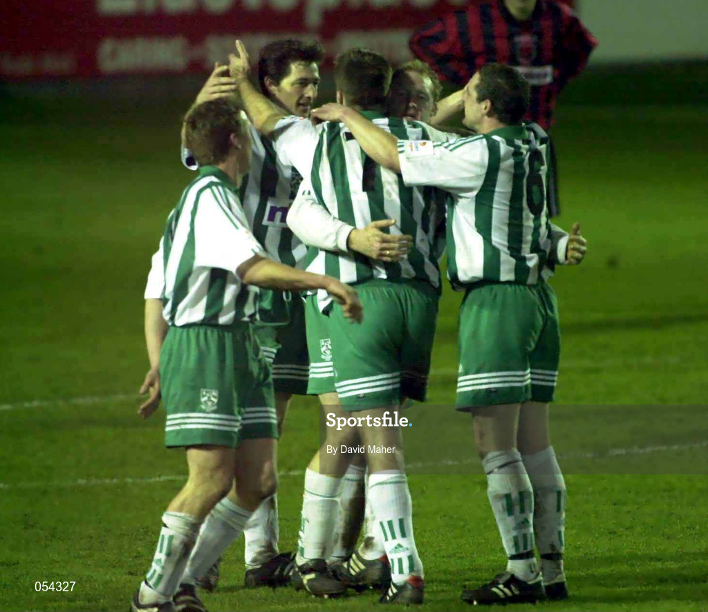 12 January 2001; Paul Keegan of Bray Wanderers, second from right, celebrates with team-mates, from left, Kieran O'Brien, Colm Tresson, Barry O'Connor and Eddie Gormley after scoring his side's second goal during the Eircom League Premier Division match between Bray Wanderers and Longford Town at the Carlisle Grounds in Bray, Wicklow. Photo by David Maher/Sportsfile